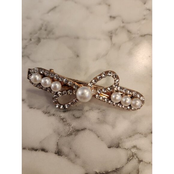 Vintage Elegant Faux Pearl & Rhinestone Hair Clip Barrette Bow Design - Picture 1 of 3